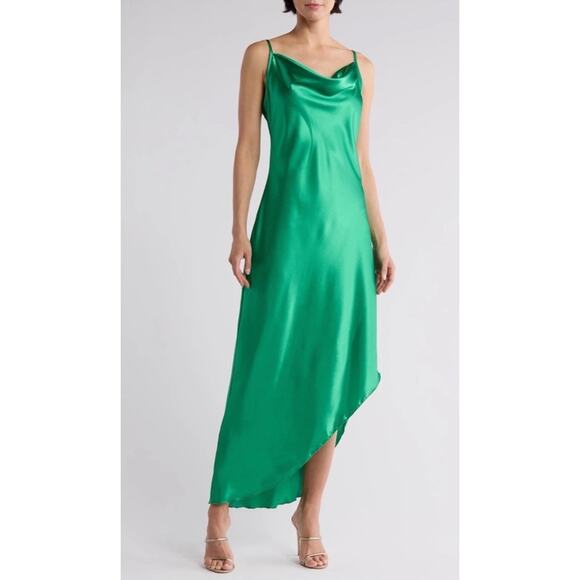 bebe Dresses & Skirts - NWT bebe Green Satin Slip Dress Asymmetrical Hem Cowl Neck Maxi Large